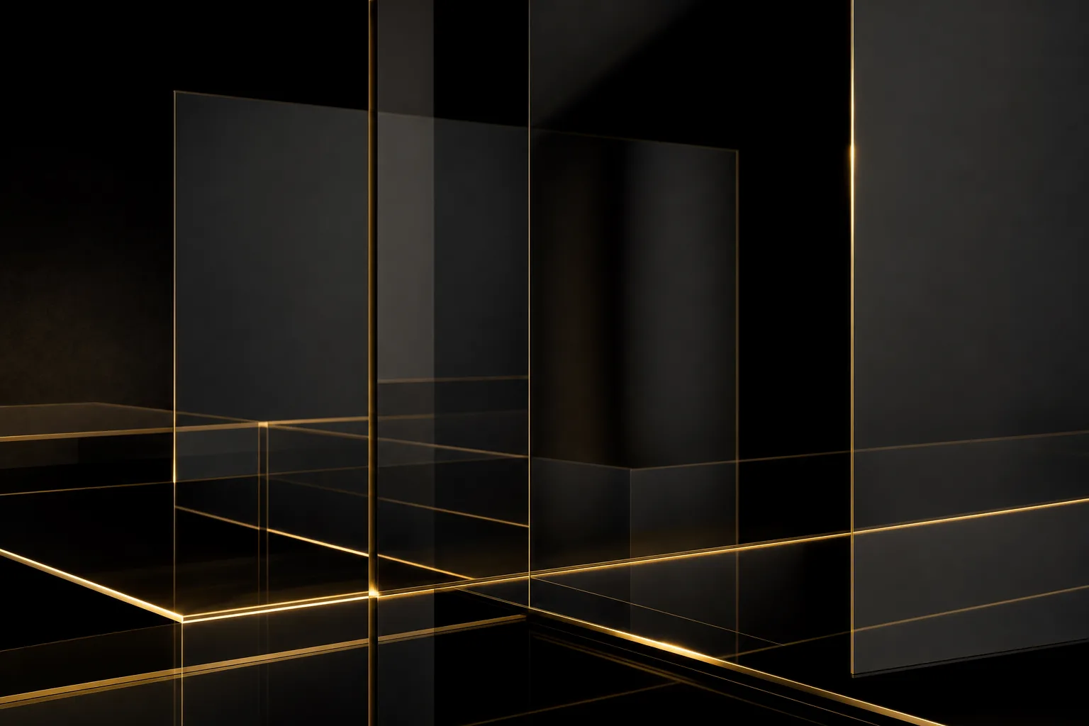 Panes of smoked glass in an architectural grid traced with gold light