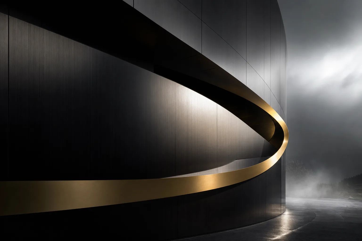 Brushed black architectural facade wrapped by a single sweeping gold curve